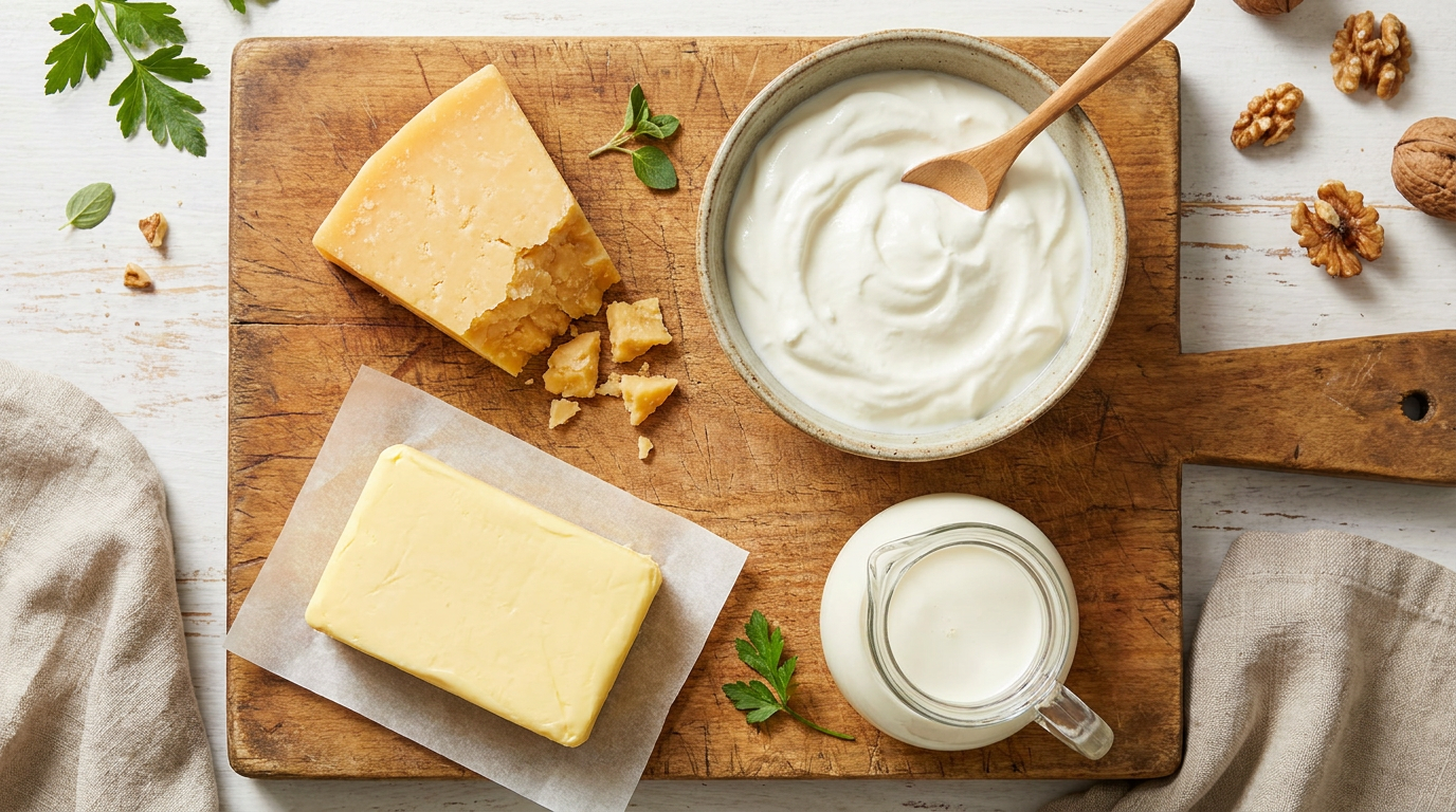 Keto-vriendelijke volle zuivel: kaas, Griekse yoghurt, boter en room