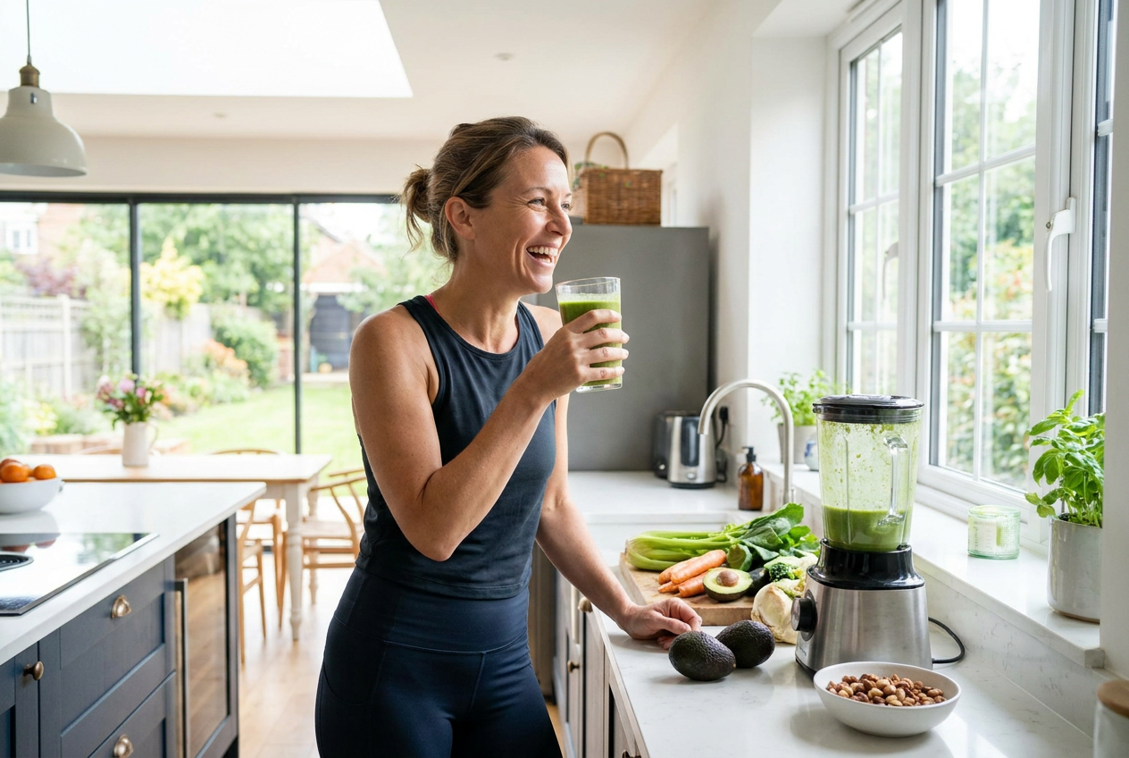 Actieve vrouw drinkt een shake in de keuken en voelt zich energiek