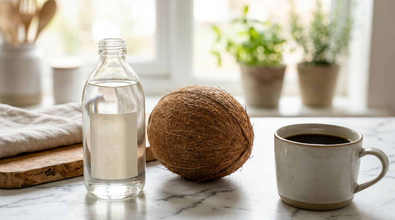 Fles MCT olie naast een kokosnoot en een kop koffie op een keukenblad