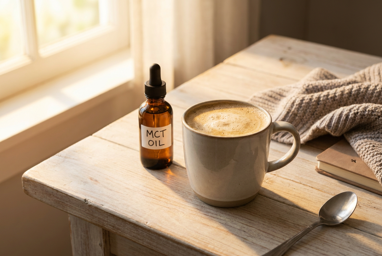 Kop romige bulletproof koffie met een flesje MCT olie ernaast