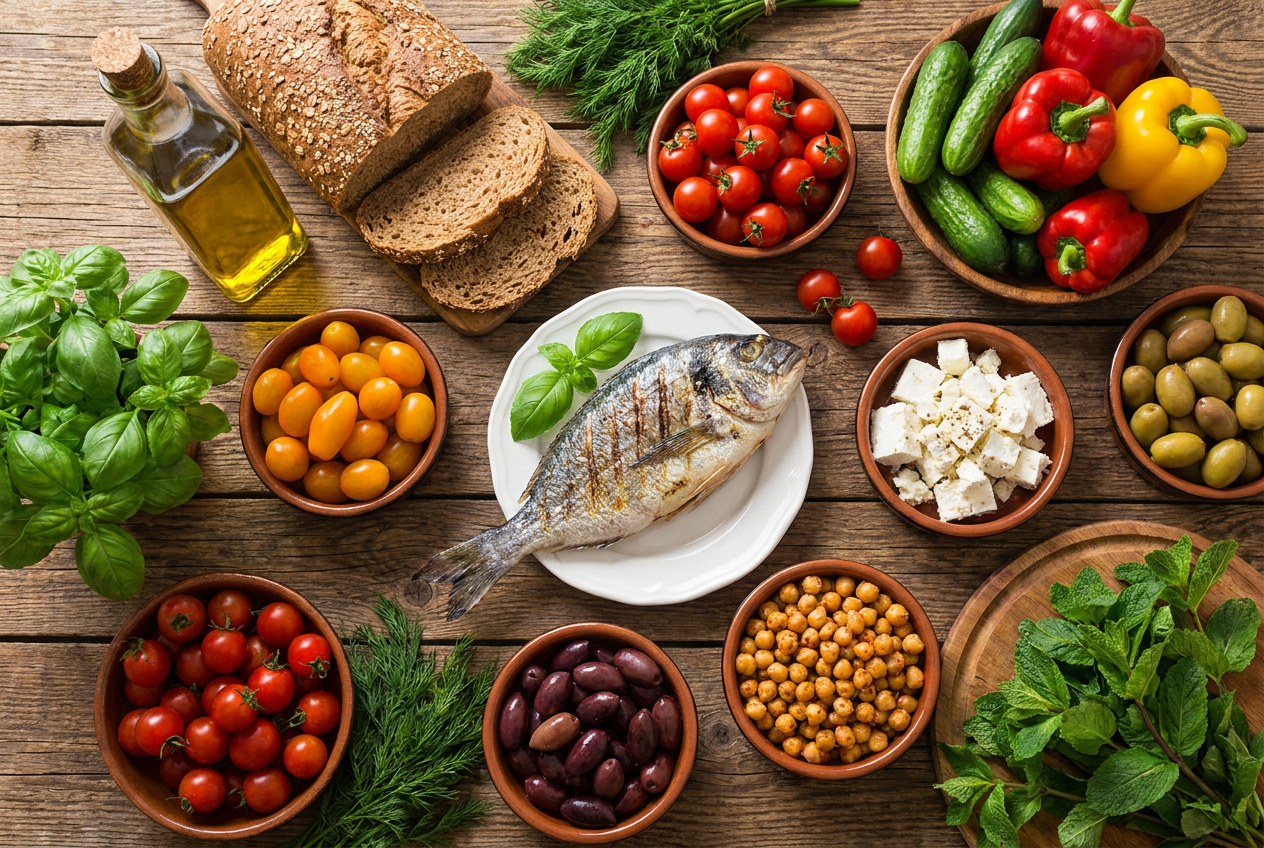 Mediterraan bord met olijfolie, groente, vis, olijven en volkoren brood