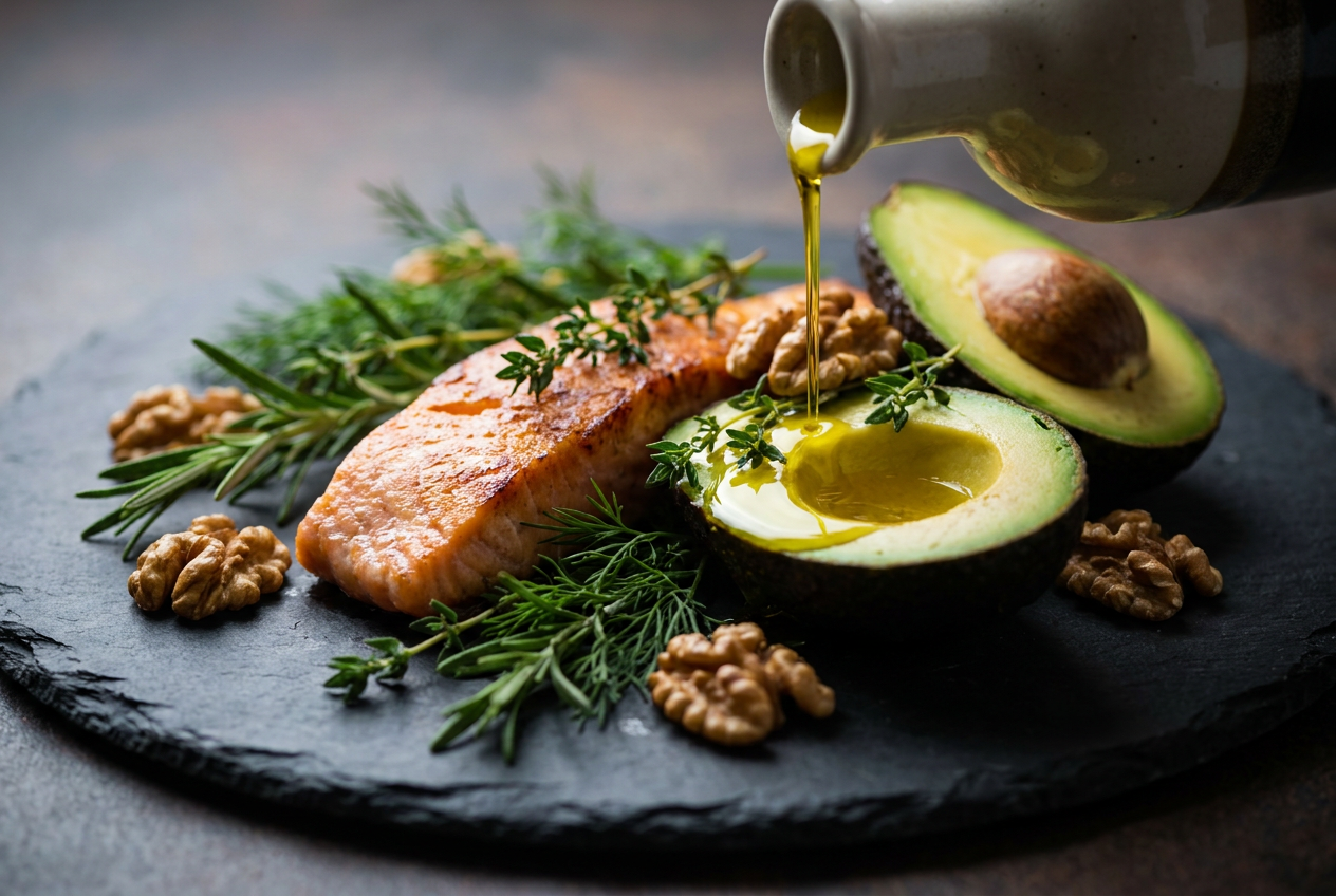 Ontstekingsremmende keto voeding met vette vis olijfolie en avocado