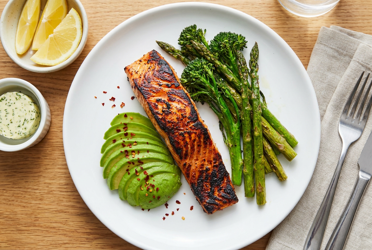 Keto bord met gegrilde zalm, avocado en groene groenten