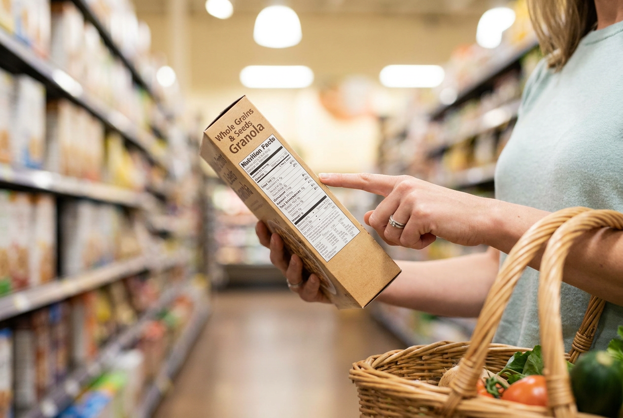 Vrouw leest voedingsetiket in de supermarkt om verborgen koolhydraten te herkennen