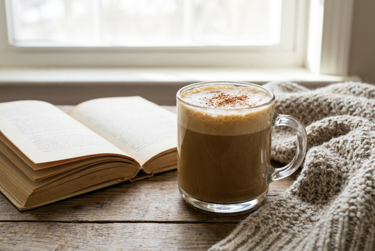 Een romige kop bulletproof koffie bij het ochtendlicht