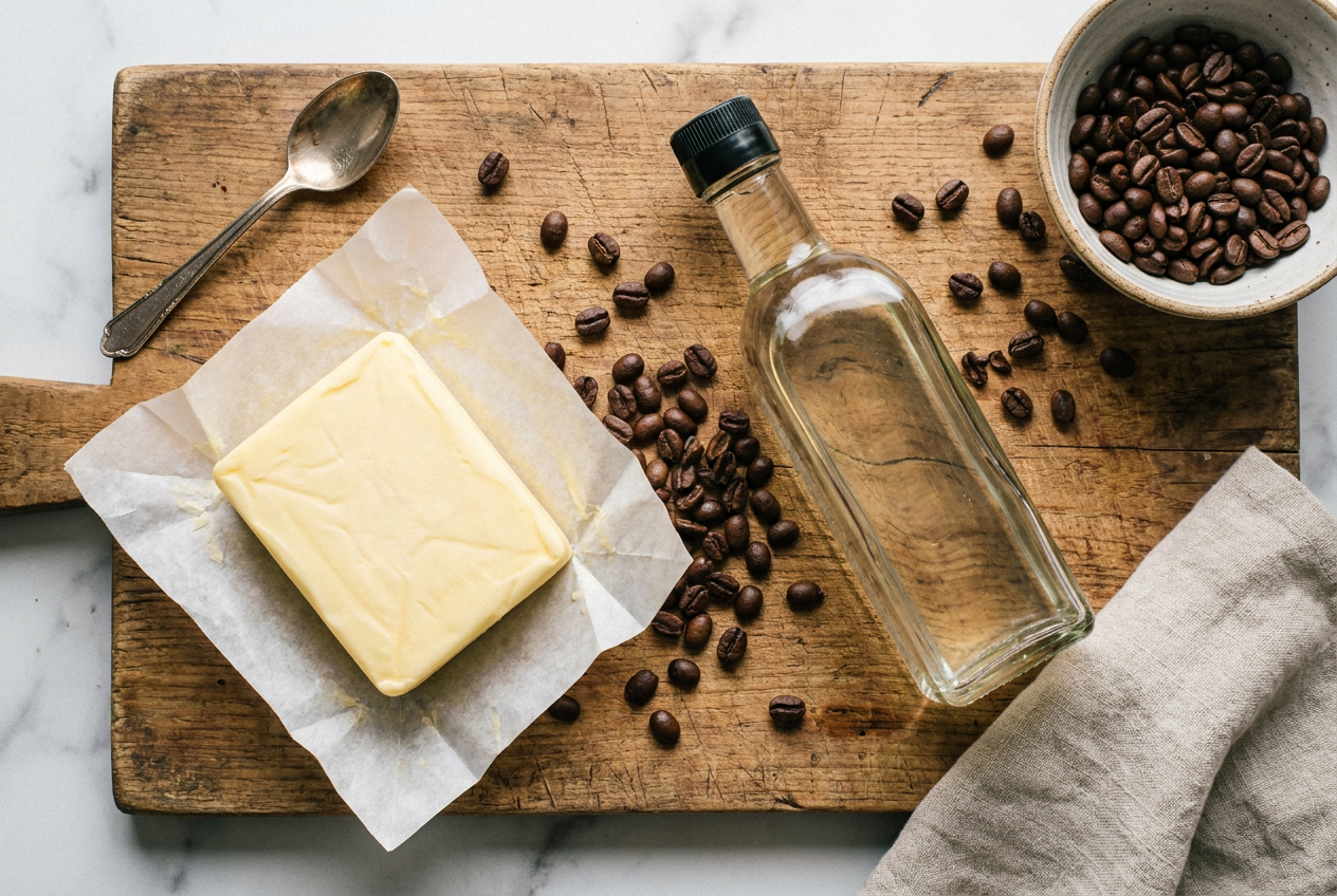 De ingrediënten van bulletproof koffie: grasboter, MCT-olie en koffiebonen
