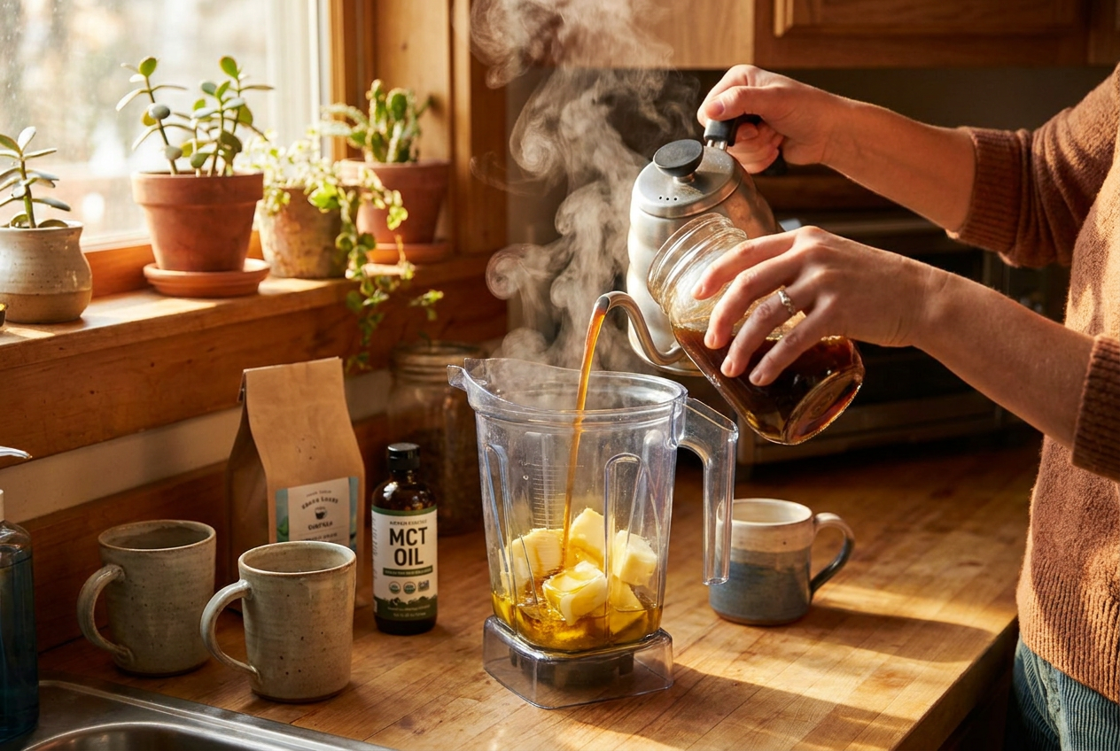 Bulletproof koffie maken door hete koffie met boter en olie te blenden