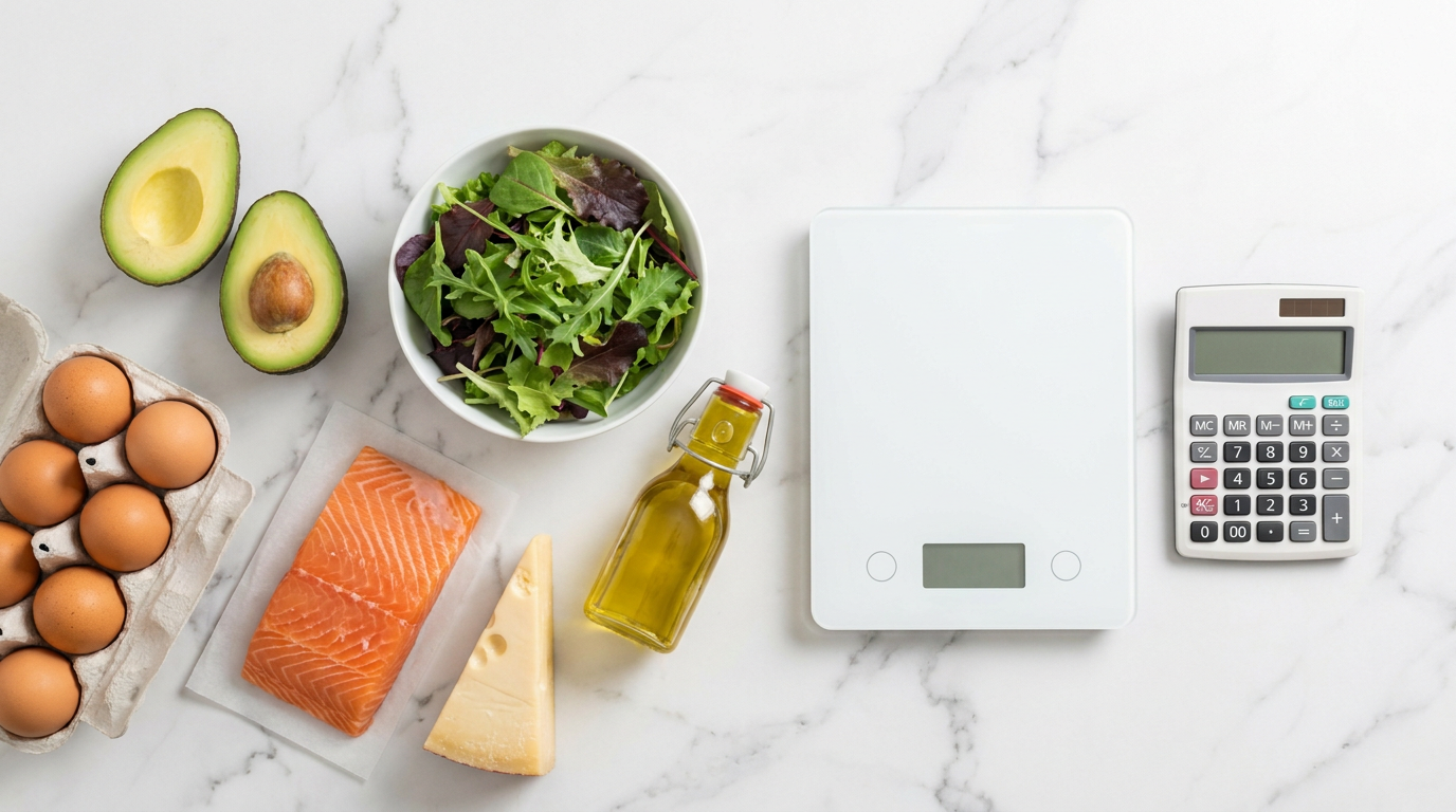 Keto voeding met een keukenweegschaal en rekenmachine voor het tellen van calorieën