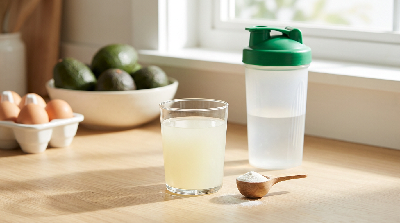 Exogene ketonen supplement met poeder en shaker op een aanrecht