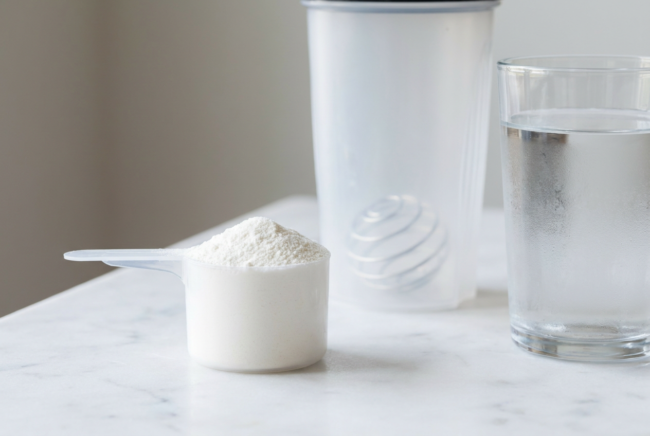Scoop met ketonzouten poeder naast een shaker en glas water