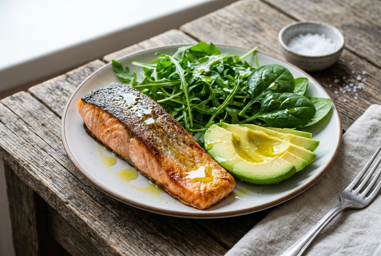 Gebalanceerde keto maaltijd met zalm en avocado