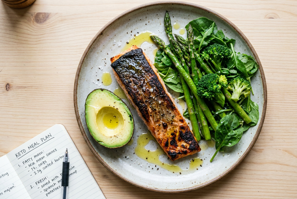 Uitgebalanceerd keto bord met vette vis, avocado en groente naast een planningsboekje