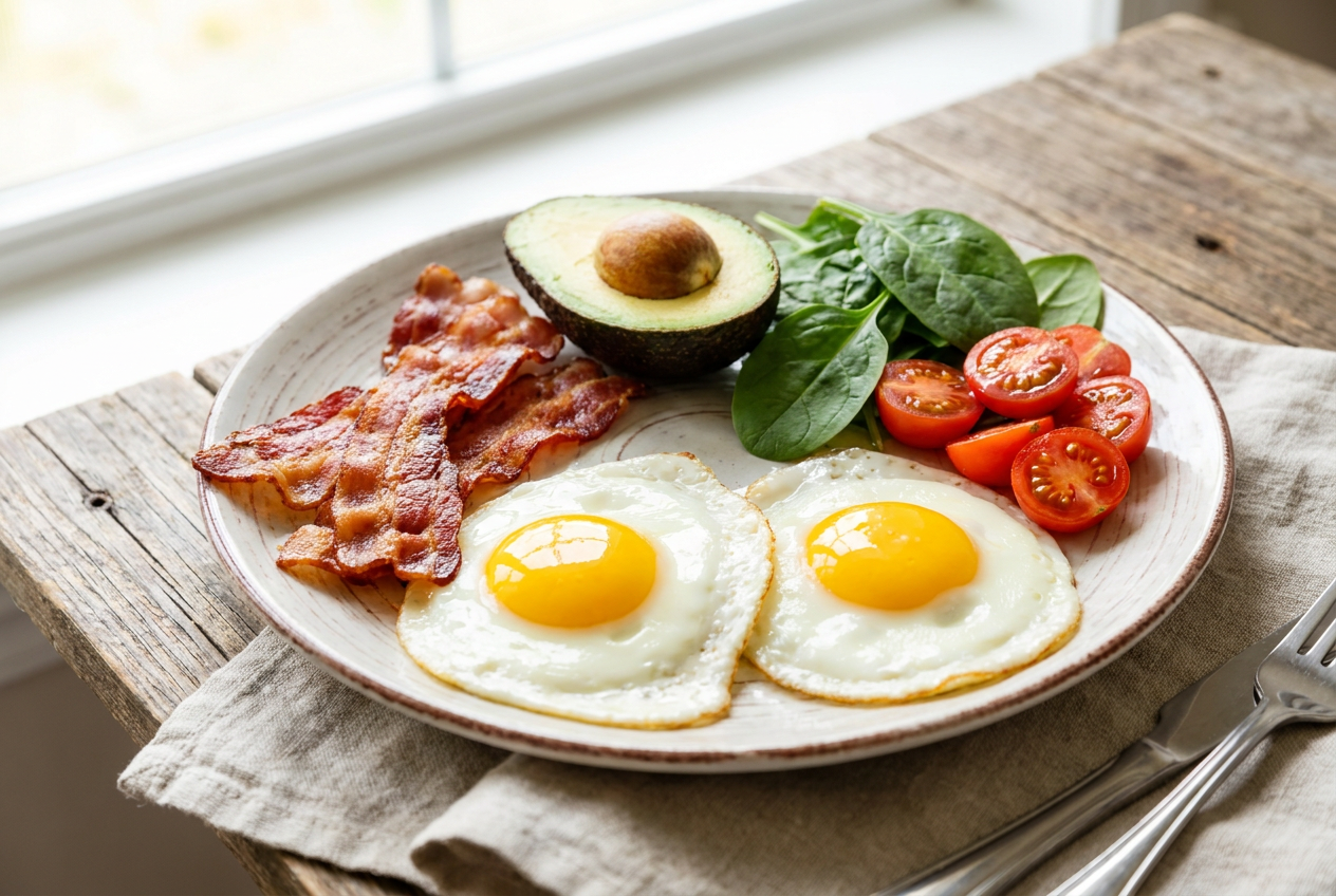 Keto ontbijt eerste week met eieren spek en avocado