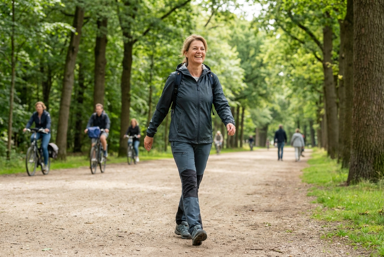 Actieve vrouw van rond de 55 wandelt buiten voor gezondheid in de overgang