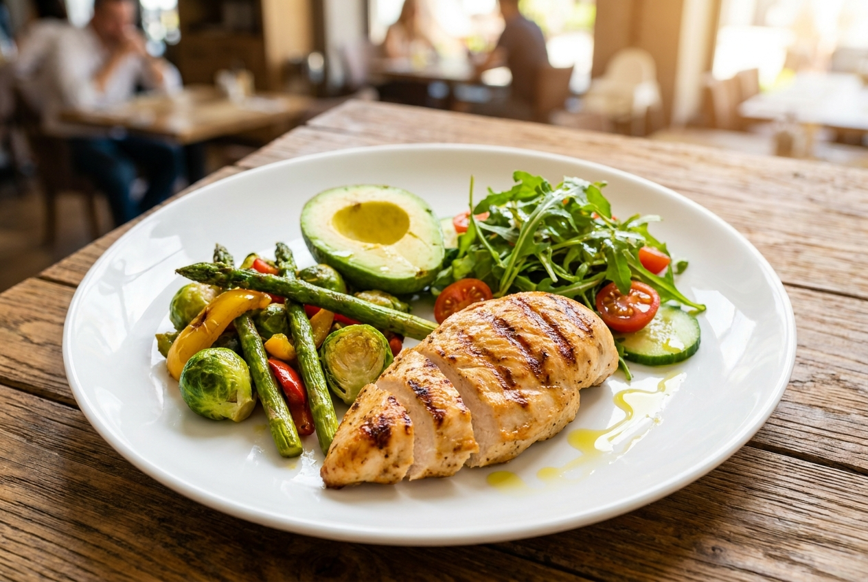 Bord met keto maaltijd: kip, groenten en avocado tijdens de overgang