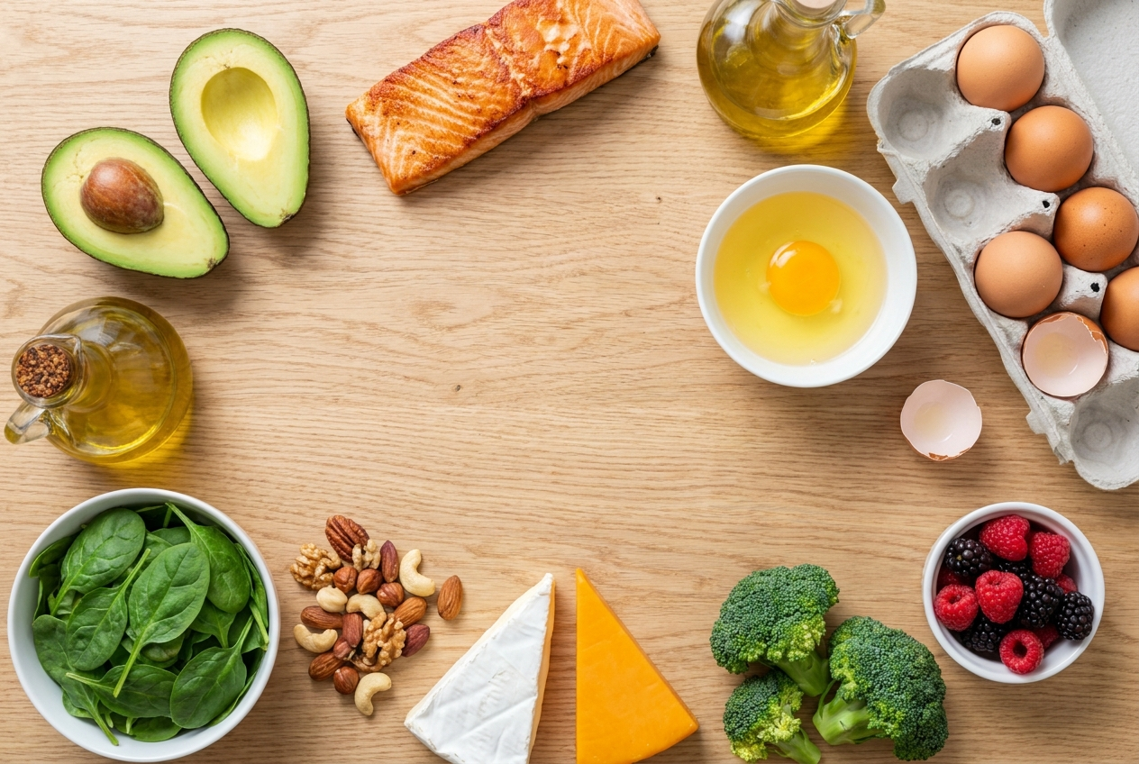 Keto voeding met avocado, zalm, eieren, noten en groenten voor de overgang