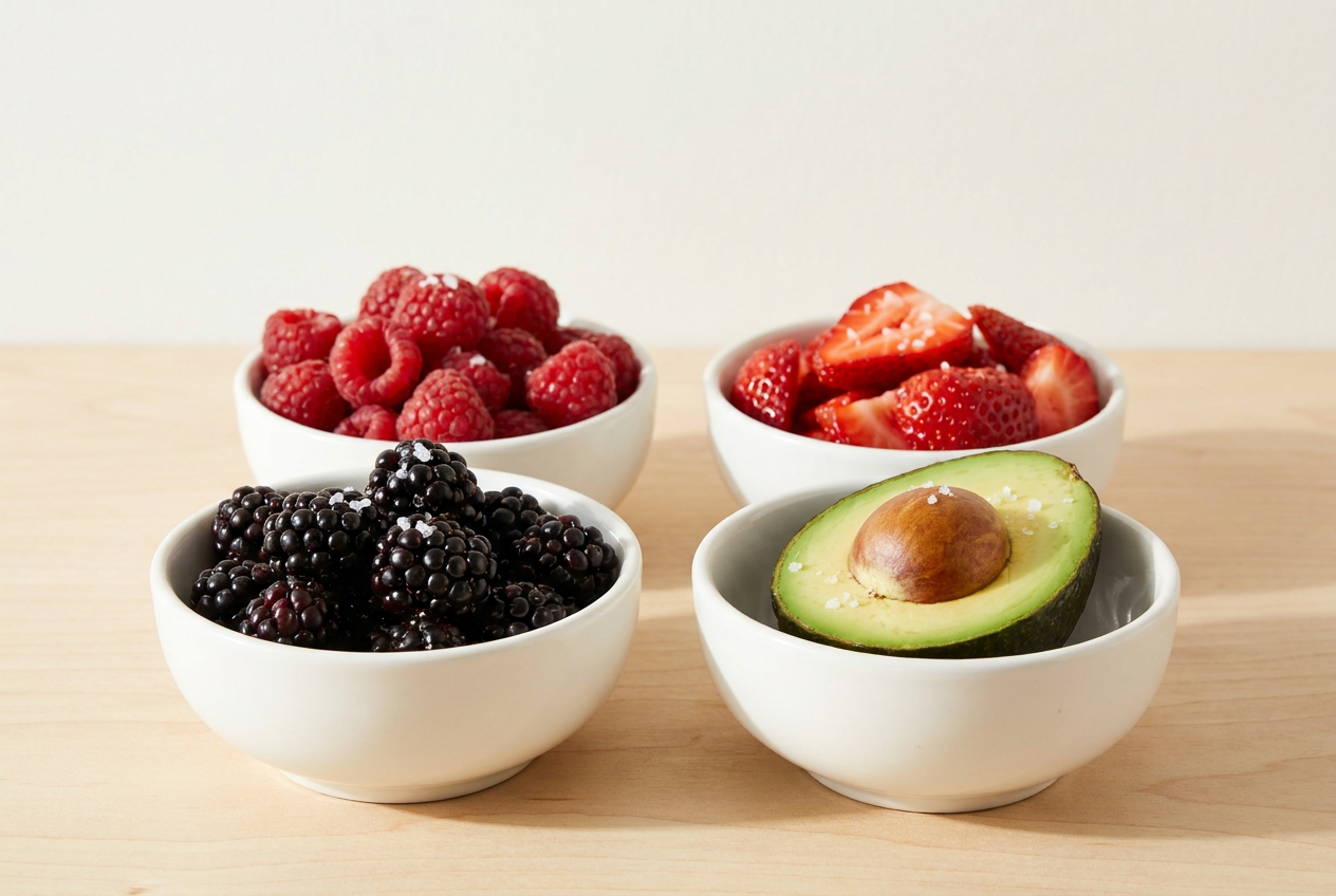 Overzicht van keto-vriendelijk fruit: frambozen, bramen, aardbeien en avocado met koolhydraatwaarden
