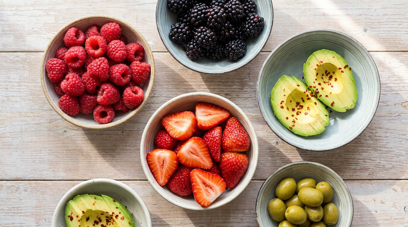 Keto fruit: schaaltjes met frambozen, bramen, aardbeien en avocado op een houten tafel