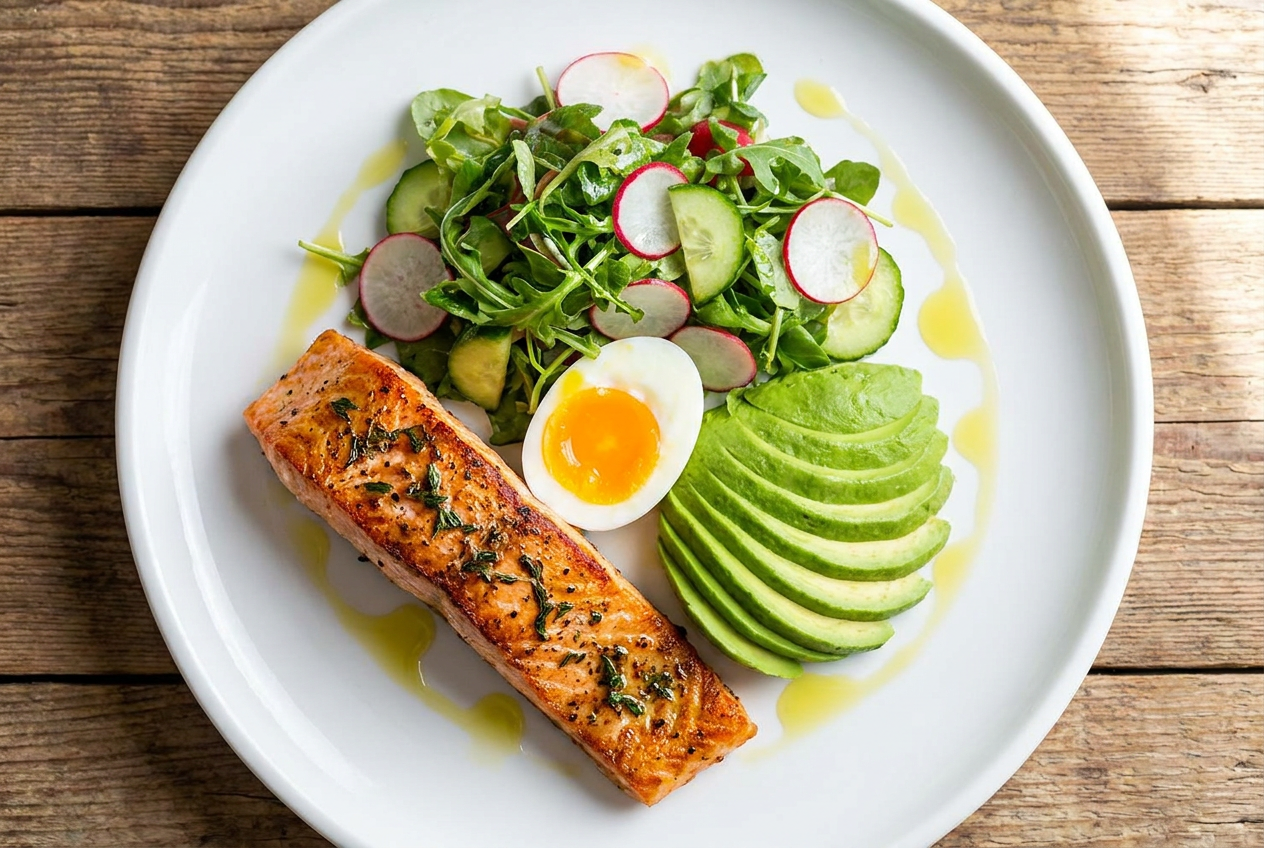 Een gebalanceerd keto bord met zalm, avocado, ei en groene salade
