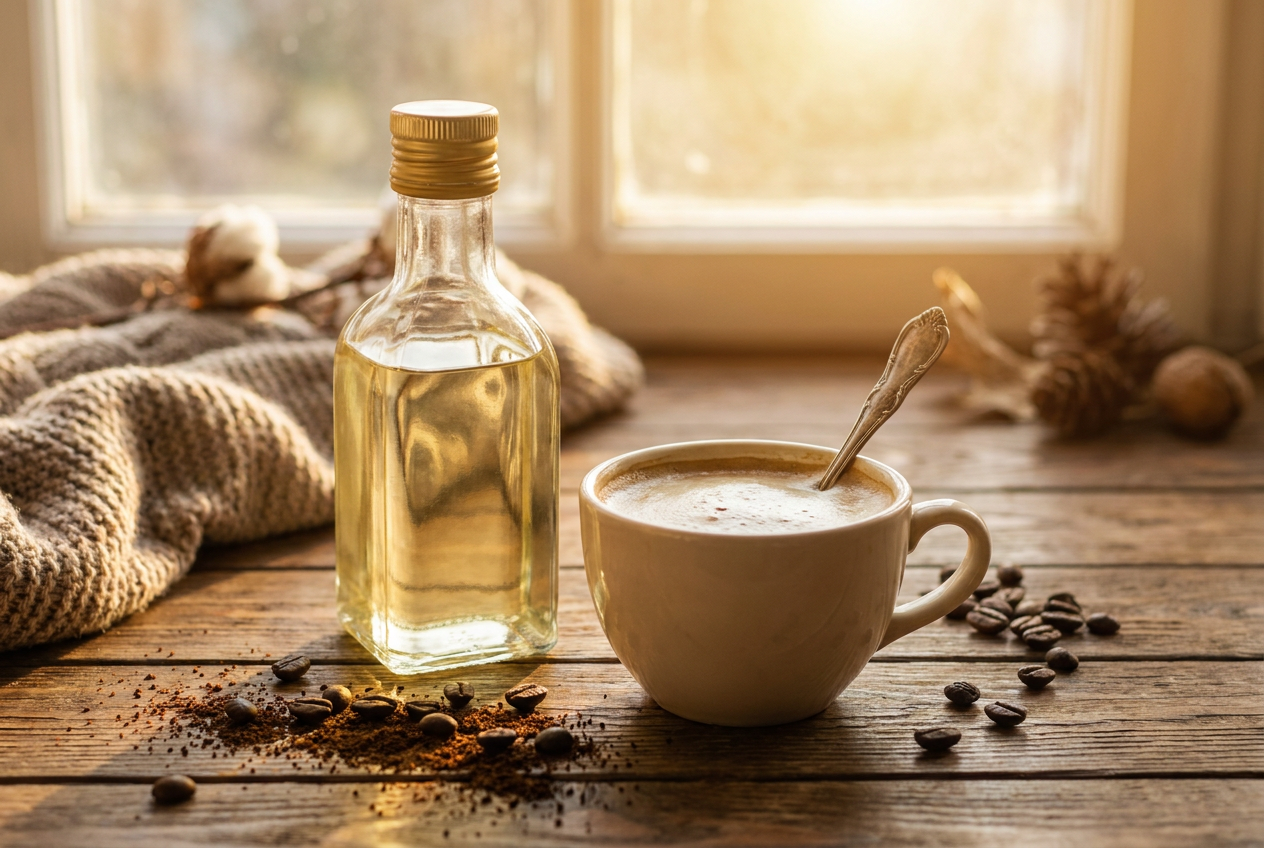 MCT olie naast een kop koffie op een aanrecht