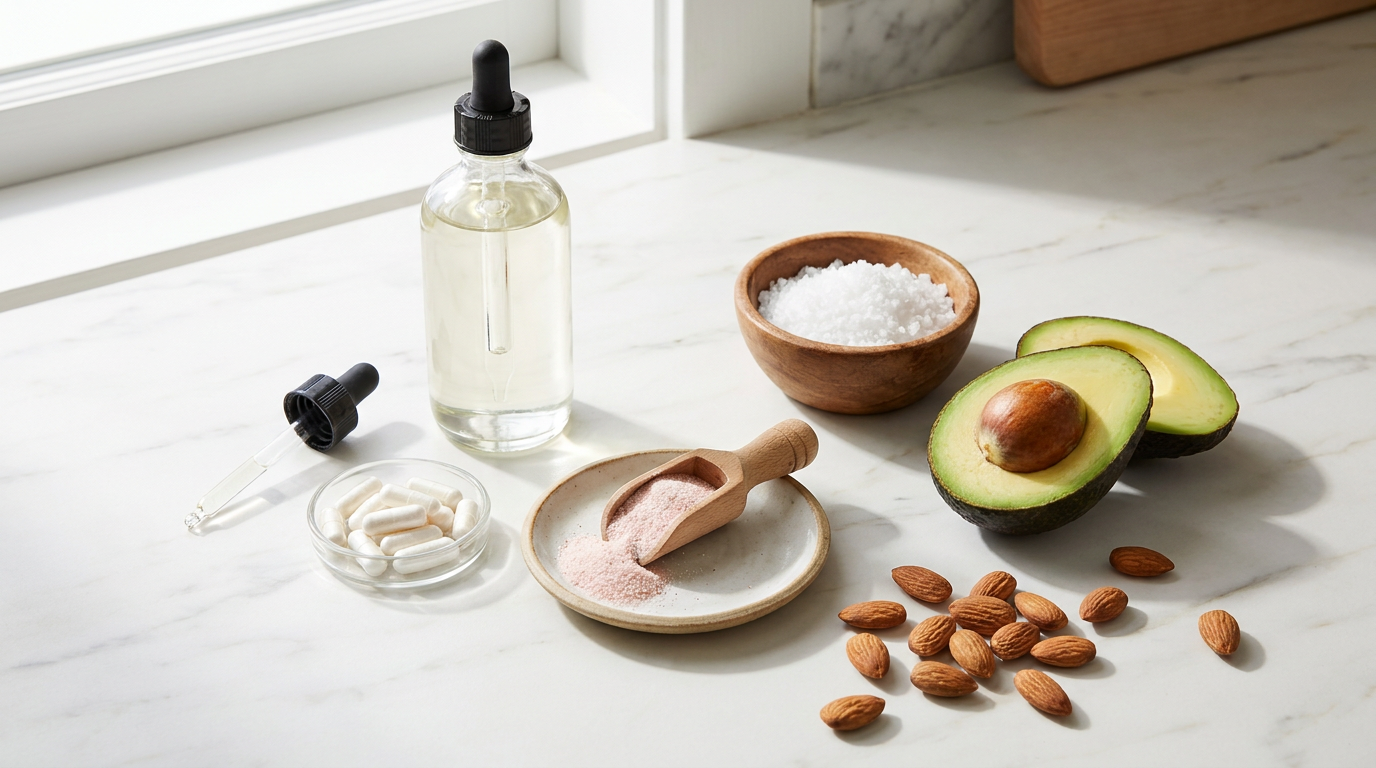 Keto supplementen: MCT olie, magnesium, elektrolyten en zout op een aanrecht