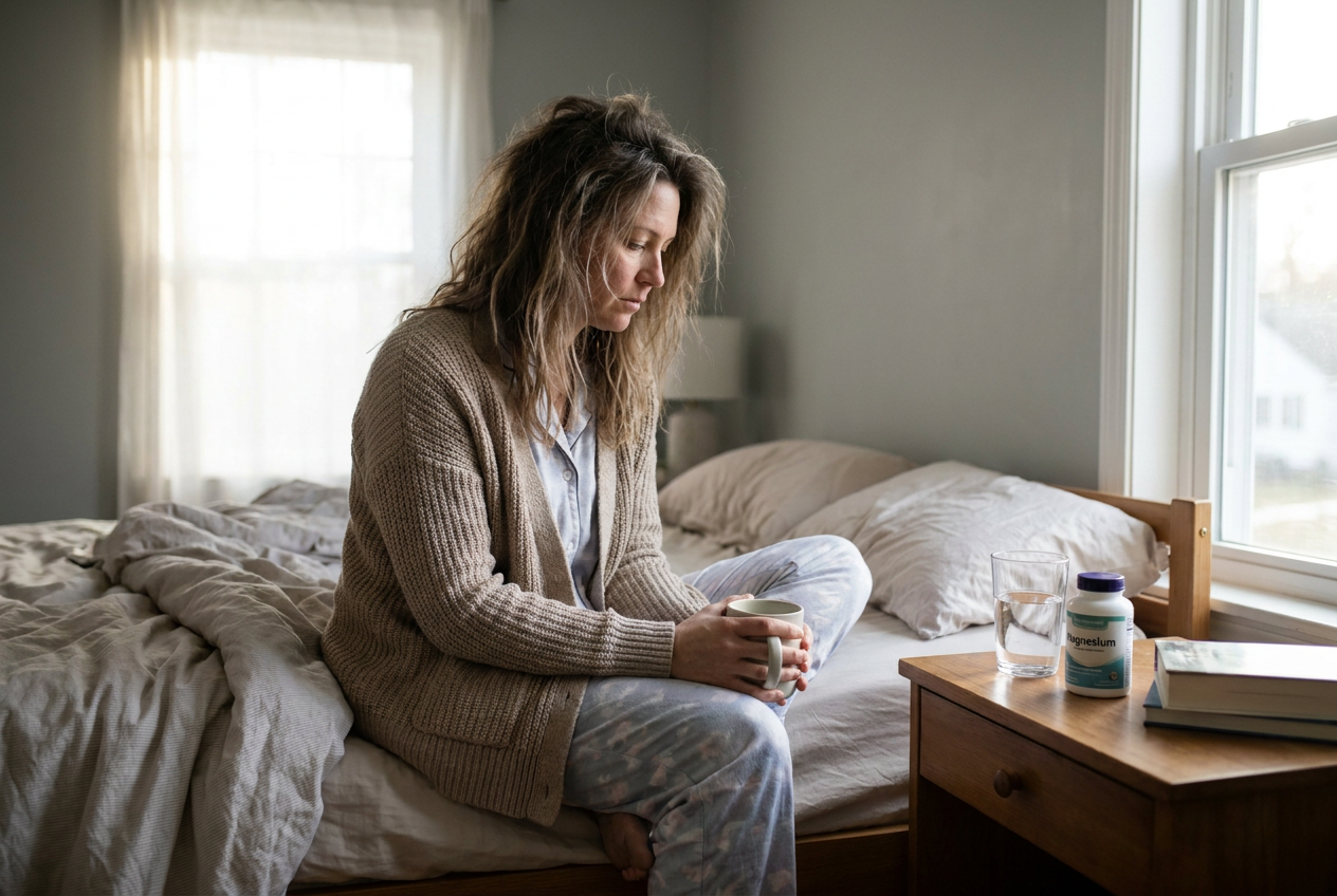 Vrouw van in de veertig zit s ochtends vermoeid op de rand van haar bed