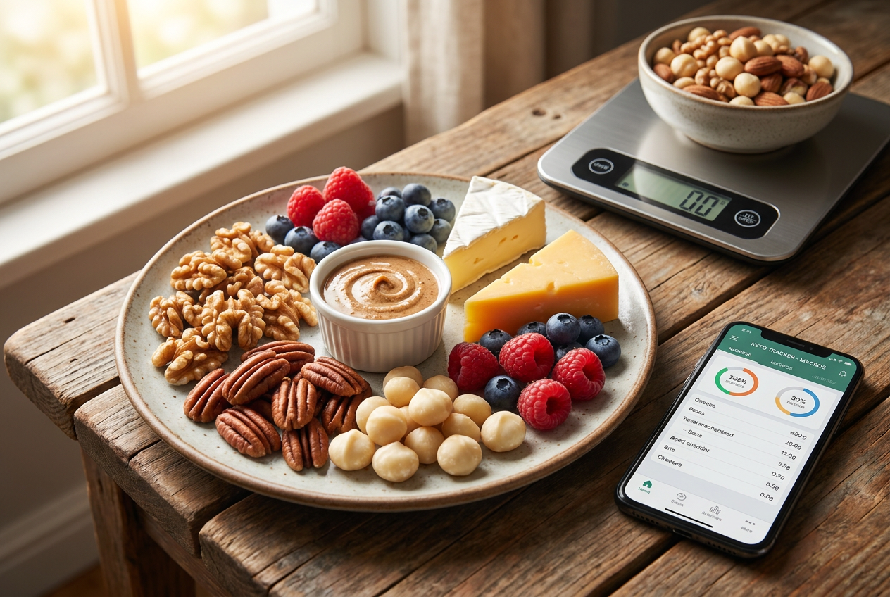 Keto voeding met noten, kaas en saus naast een keukenweegschaal en tracking-app