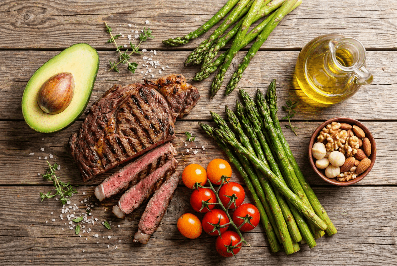 Kleurrijk keto bord met biefstuk, avocado, groene groenten en noten op een houten tafel