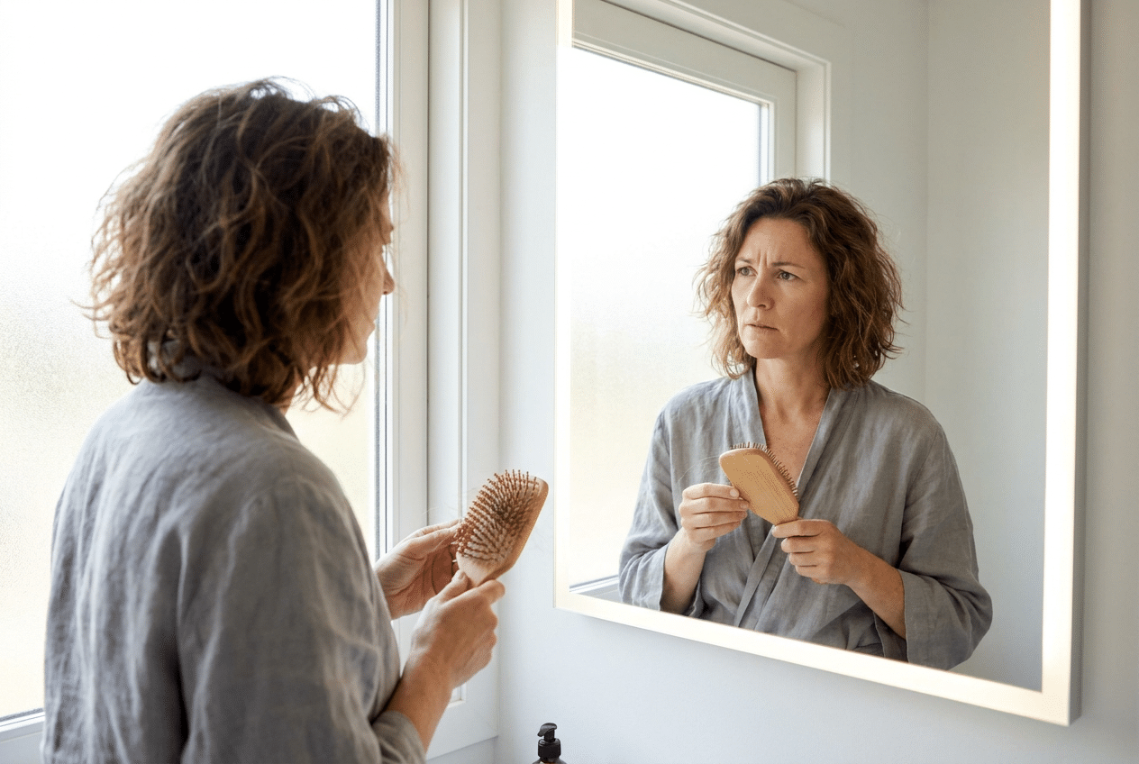 Vrouw die haar haar borstelt en meer haaruitval ziet