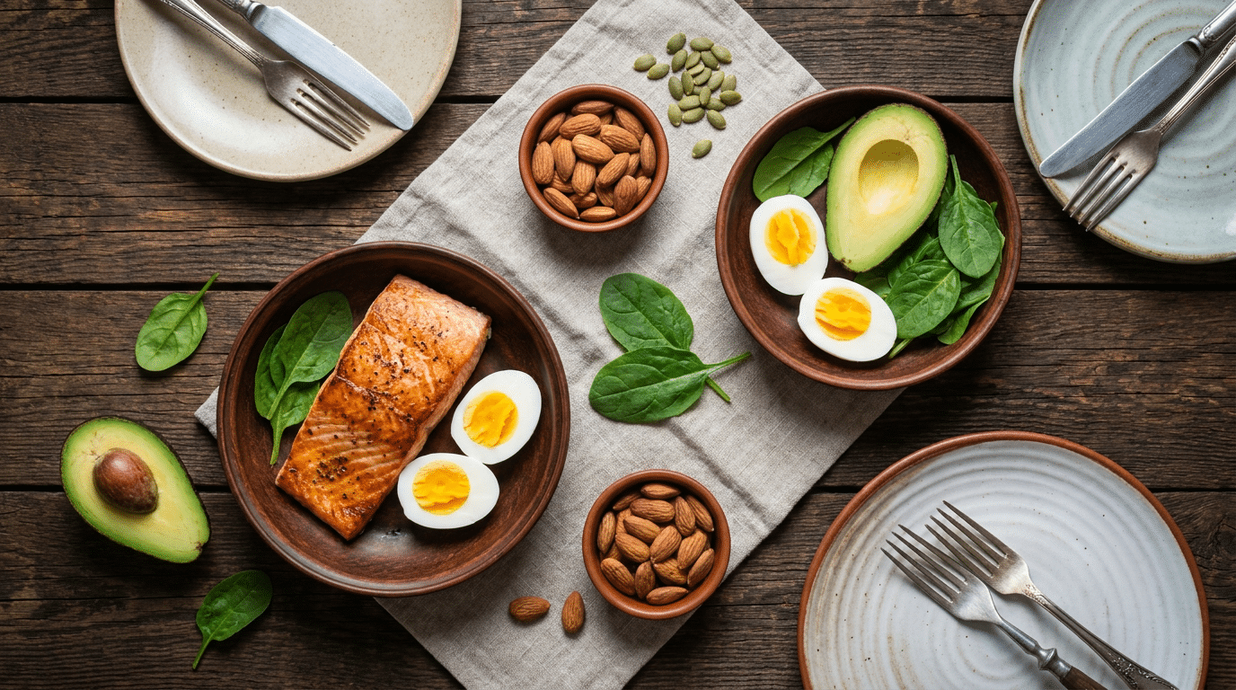 Keto maaltijd met zalm, eieren, avocado en noten
