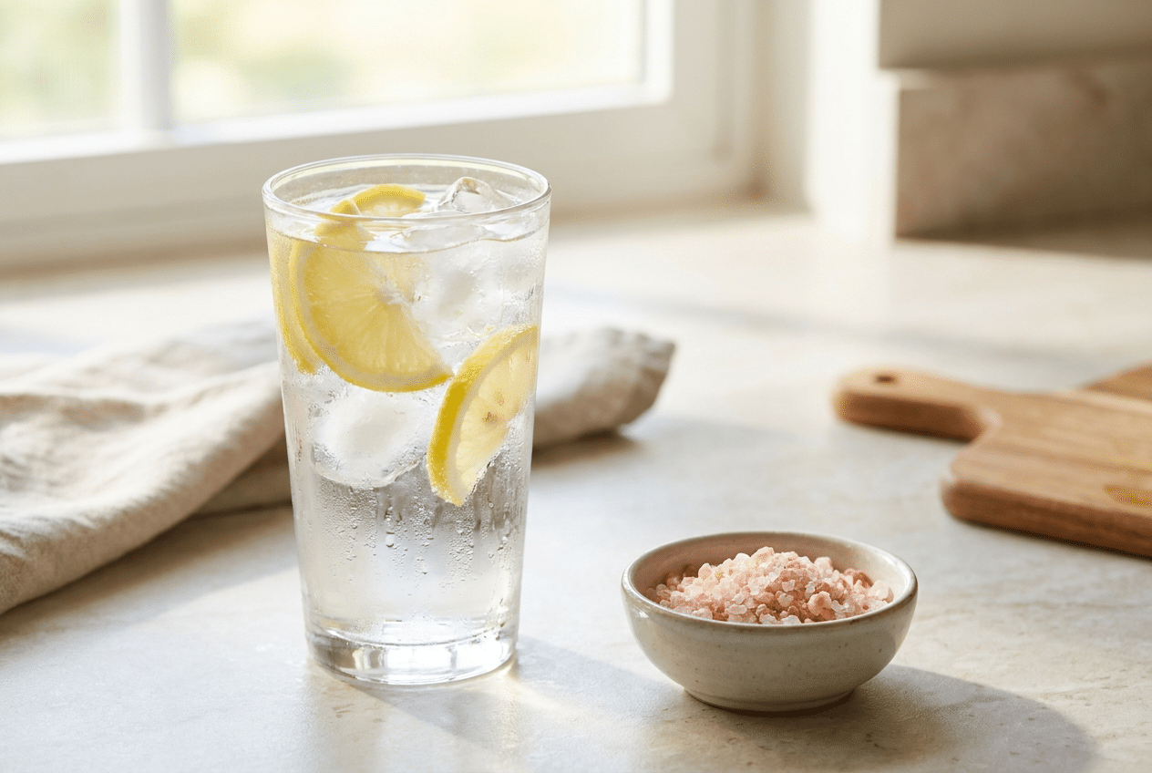 Glas water met citroen en zout, hydratatie op keto tegen jicht