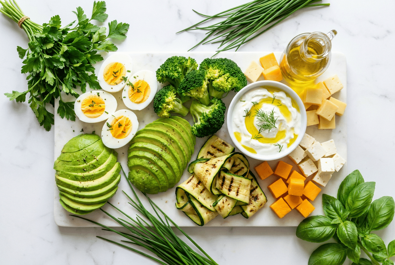 Purine-arme keto voeding: eieren, avocado, broccoli, courgette, kaas en yoghurt