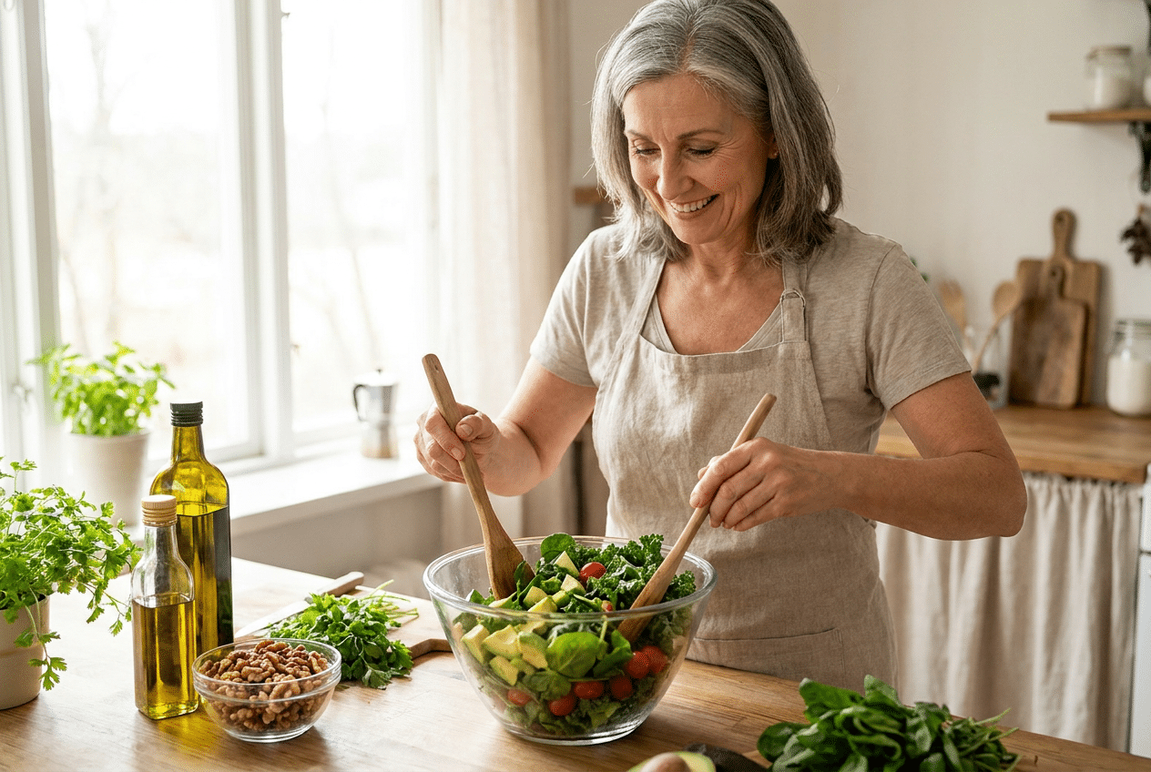 Vrouw bereidt gezonde keto salade
