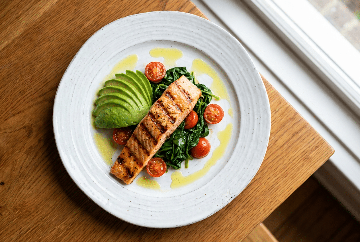 Keto maaltijd met zalm en avocado voor de lever