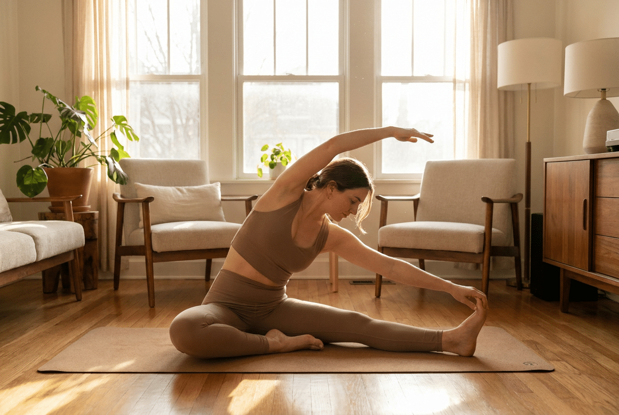 Vrouw doet rustige yoga voor een gezonde leefstijl bij PCOS