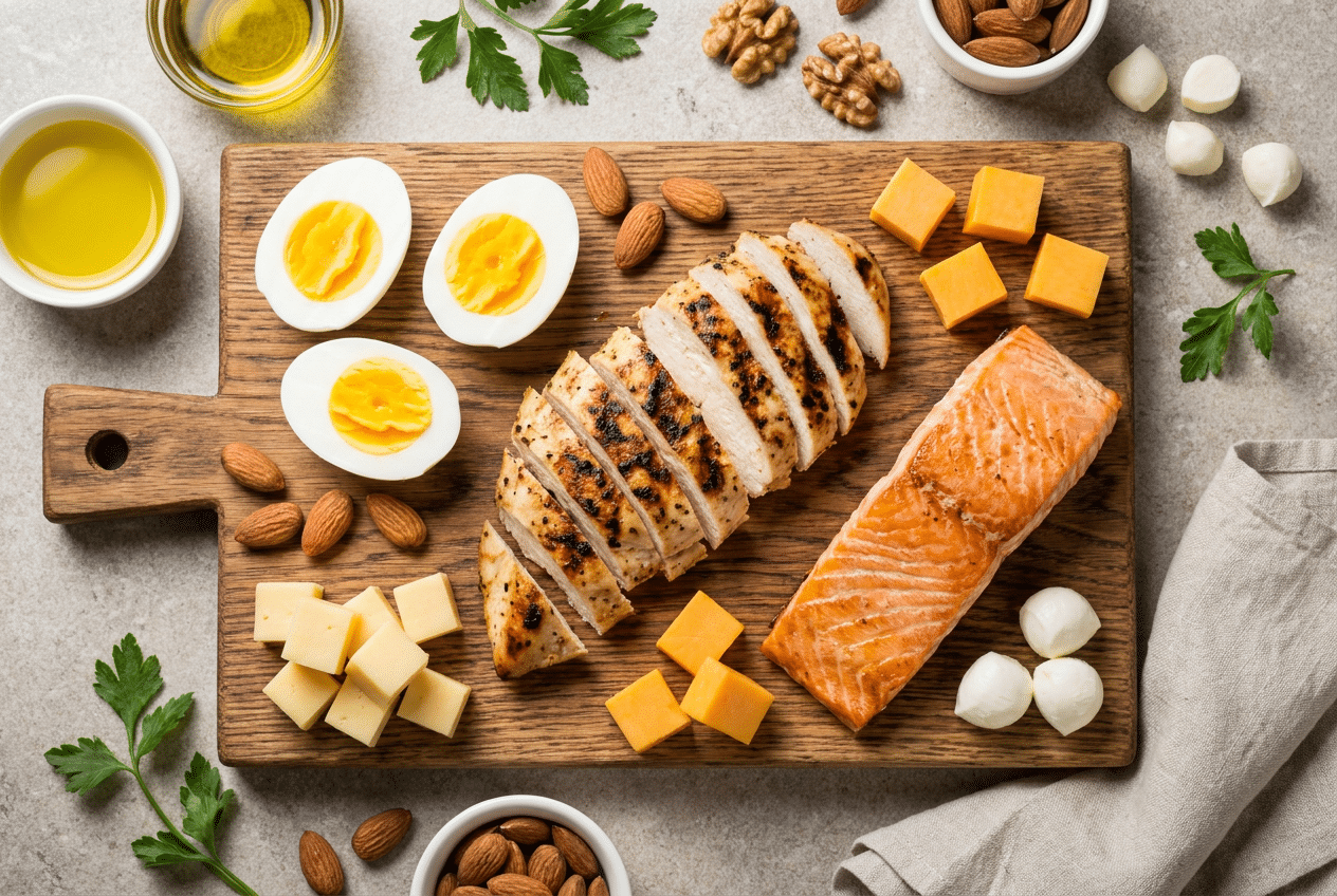 Bord met keto eiwitbronnen: eieren, kip, zalm, kaas en noten