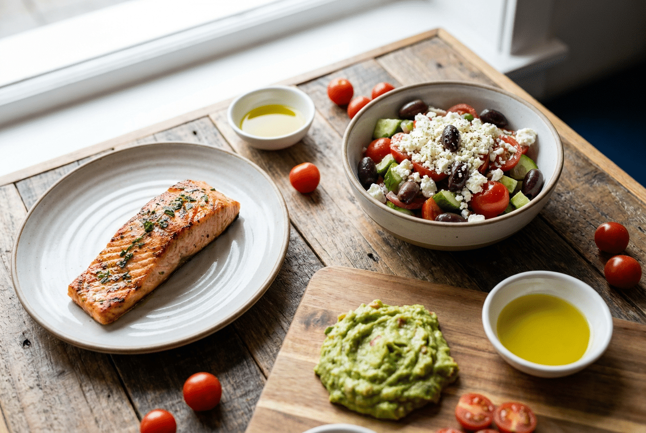 Keto restaurantgerechten met gegrilde zalm, Griekse salade en guacamole