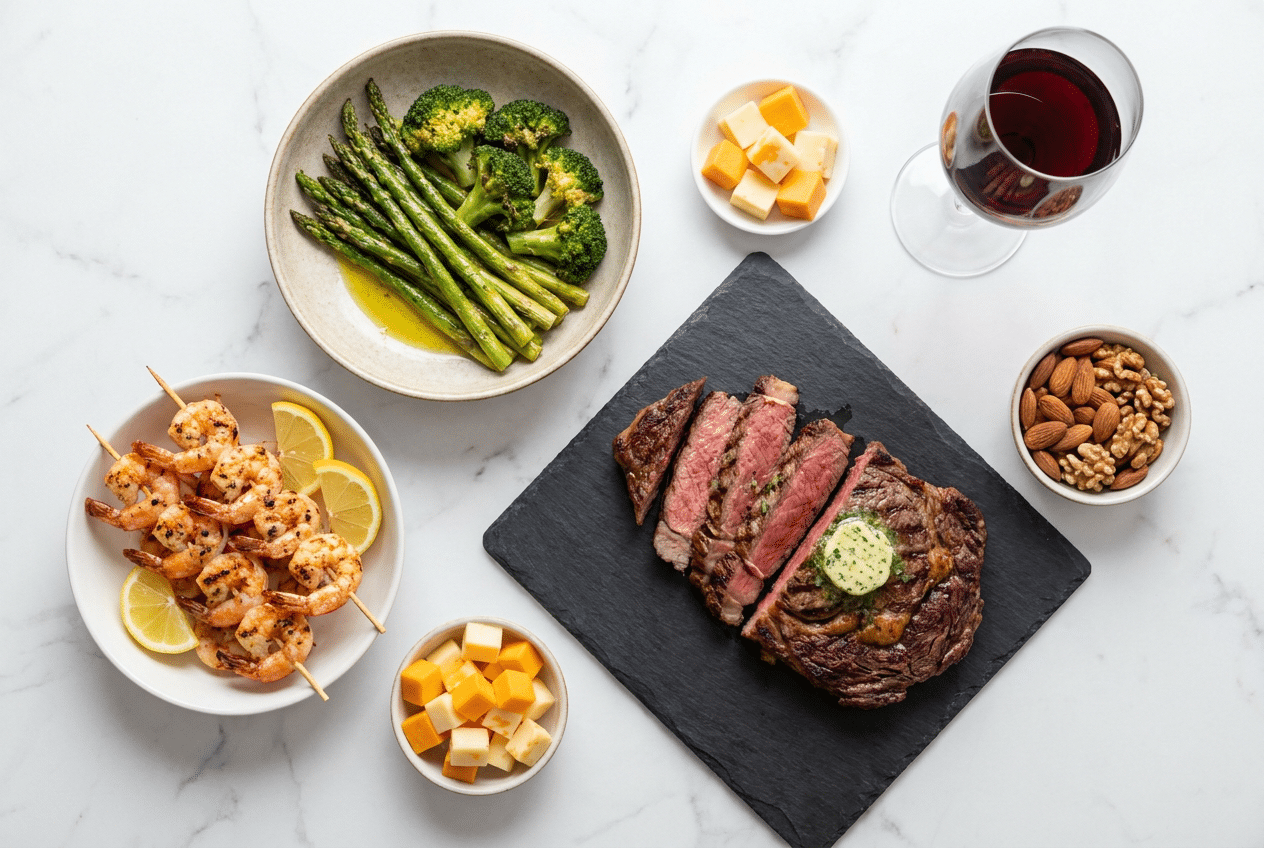 Overzicht van keto-vriendelijke keuzes met steak, garnalen en groente