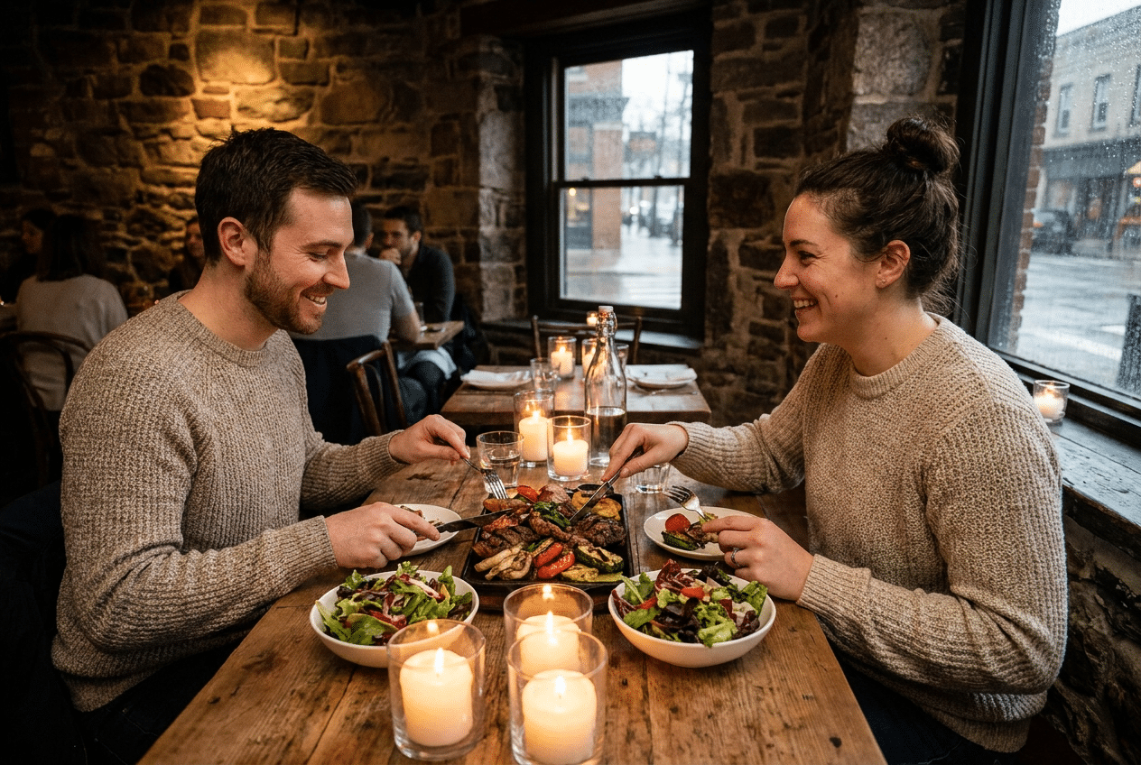 Stel geniet van een keto etentje bij kaarslicht in een restaurant