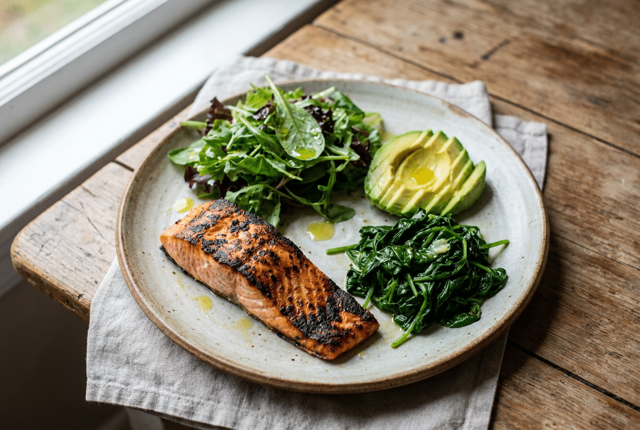 Uitgebalanceerd keto bord met gegrilde zalm, groene salade met olijfolie, avocado en spinazie in boter