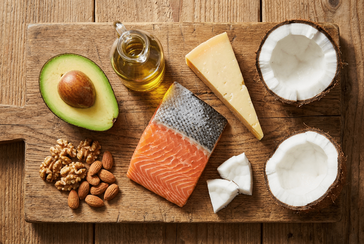 Bronnen van gezonde vetten op een houten plank: avocado, olijfolie, walnoten, amandelen, zalm, kaas en kokos