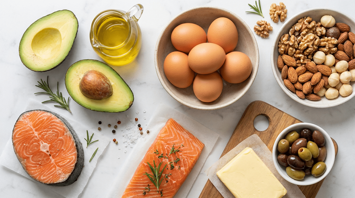 Gezonde keto vetten op tafel: avocado, olijfolie, eieren, zalm, noten en boter