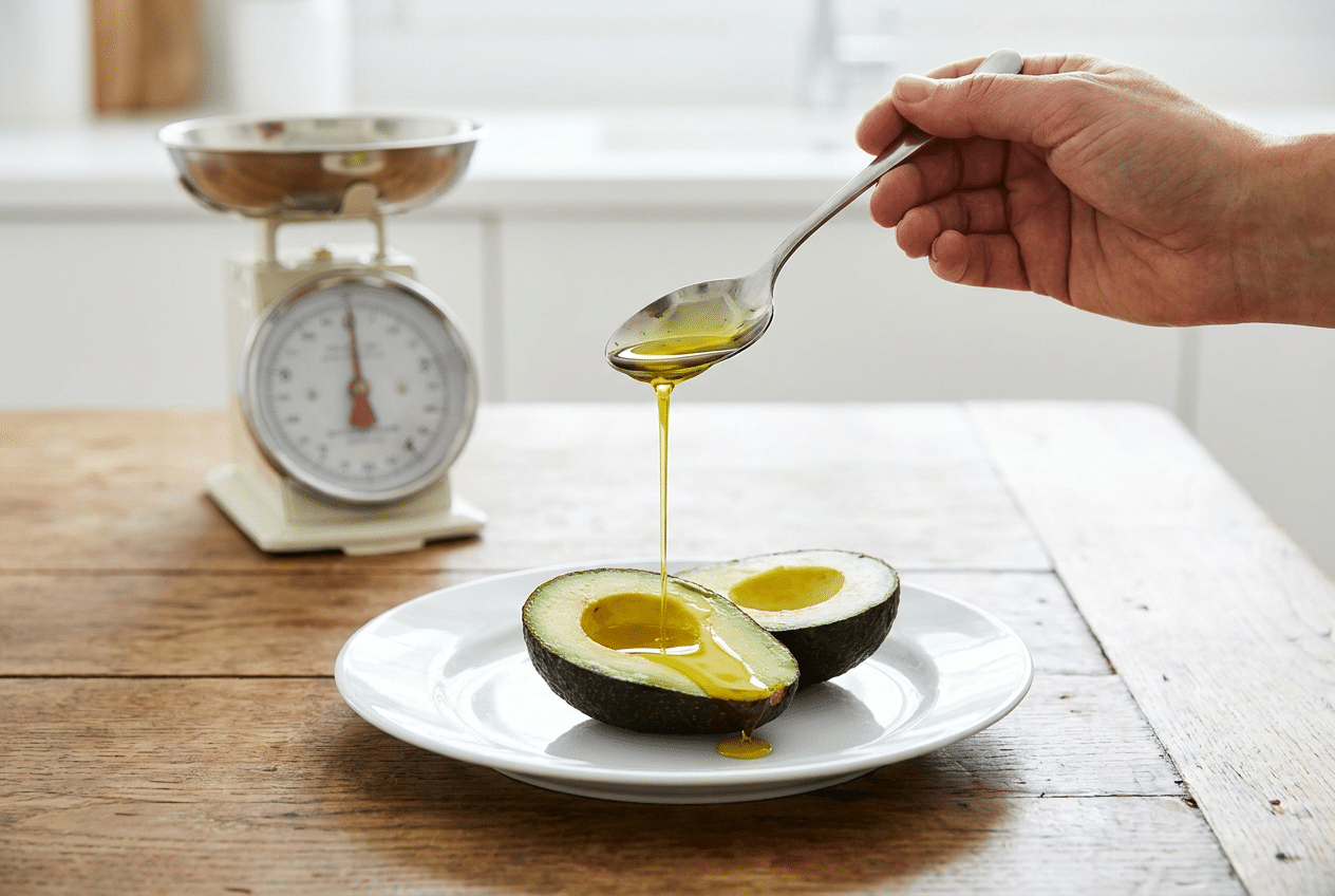 Olijfolie afmeten met een lepel boven een halve avocado, met een keukenweegschaal op de achtergrond
