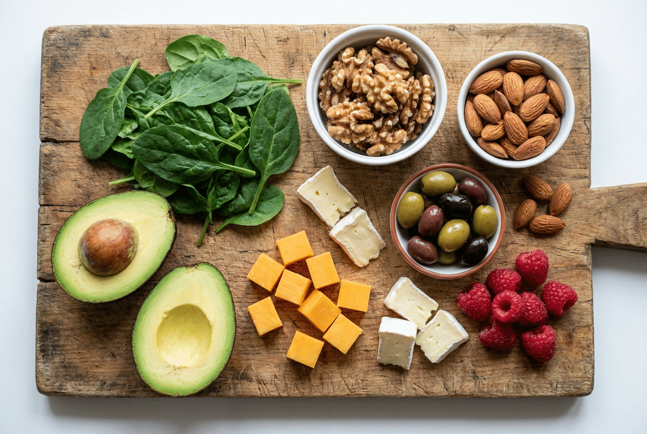 Keto-voeding met weinig netto koolhydraten zoals avocado, spinazie, noten en kaas