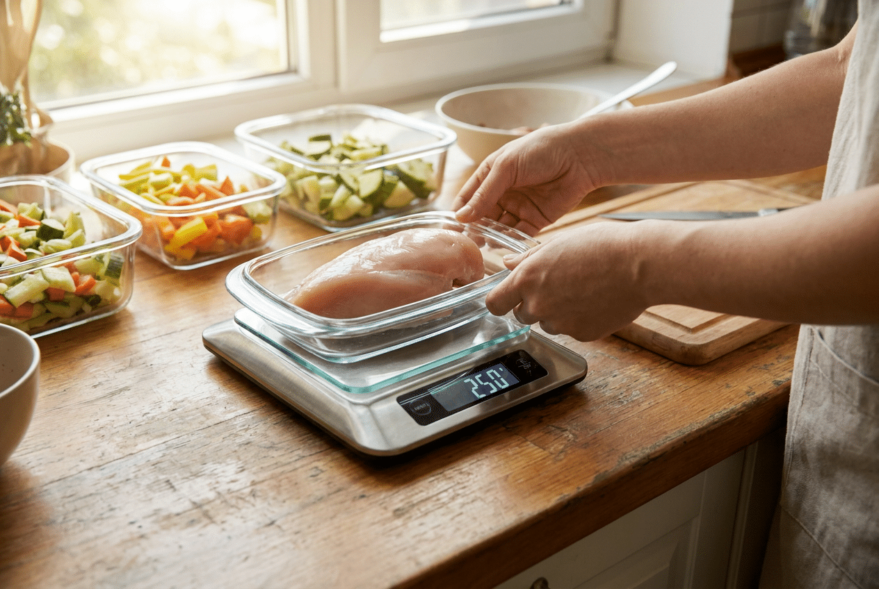 Kipfilet wegen op een digitale keukenweegschaal voor keto