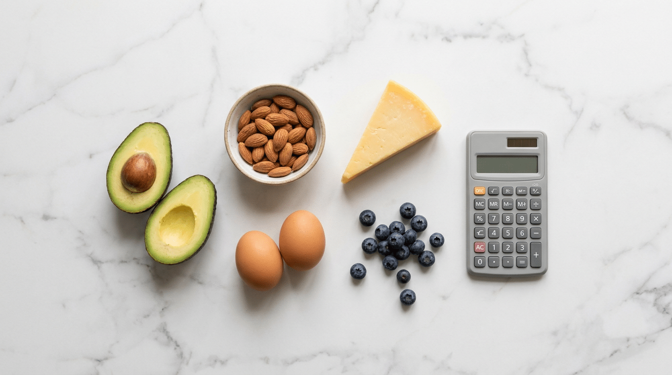 Netto koolhydraten berekenen bij keto met avocado, noten, kaas, eieren en een rekenmachine