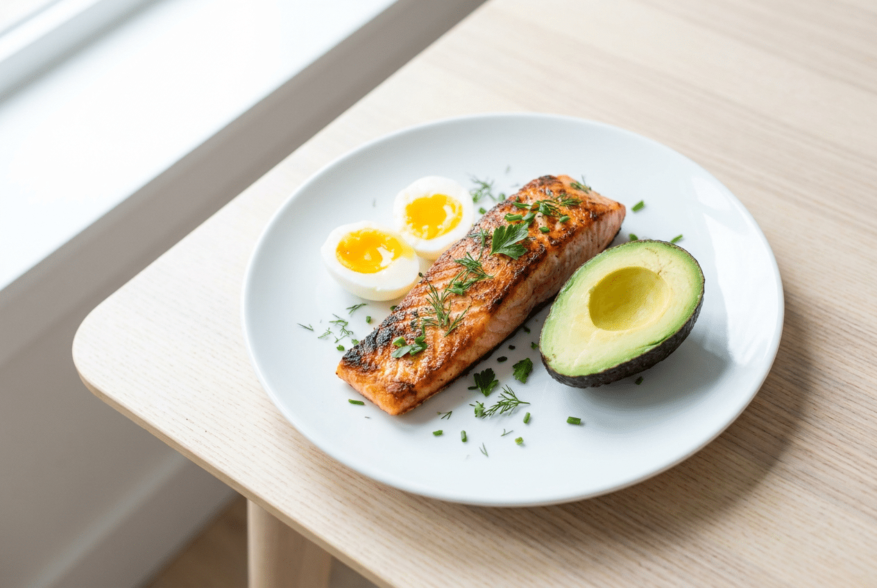 Keto bord met gegrilde zalm, gekookte eieren en avocado