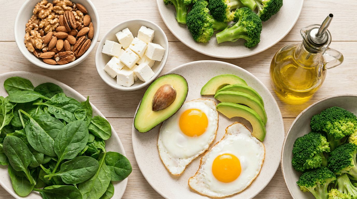Vegetarisch keto dieet met eieren, avocado, noten en groene groenten