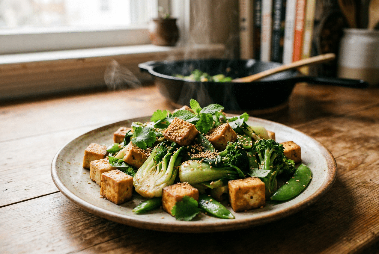 Voorbeeld van een vegetarische keto maaltijd met tofu en groene groenten