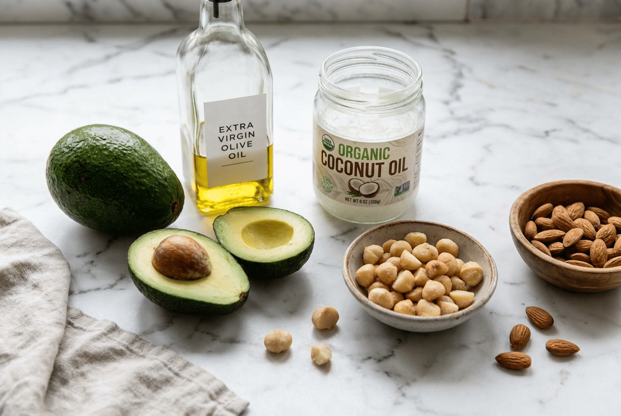 Plantaardige keto vetbronnen: avocado, olijfolie, noten en kokos